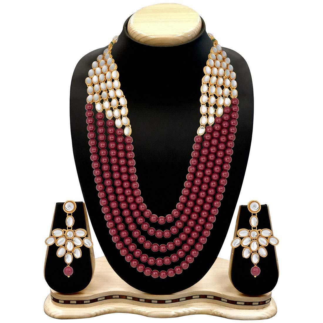 Etnico Wedding Collection Green 5 Layer Faux Mother-of-pearl and Kundan Rani Haar Necklace Jewellery Set with Earrings for Women (IJ350M)