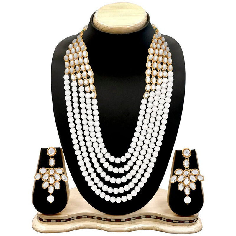 Etnico Wedding Collection 5 Layer Faux Mother-of-pearl and Kundan Rani Haar Necklace Jewellery Set with Earrings for Women (IJ350W)