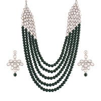 Etnico Rhodium Plated 5 Layer Faux Mother-of-pearl and Kundan Rani Haar Necklace Jewellery Set with Earrings for Women (IJ350ZG)