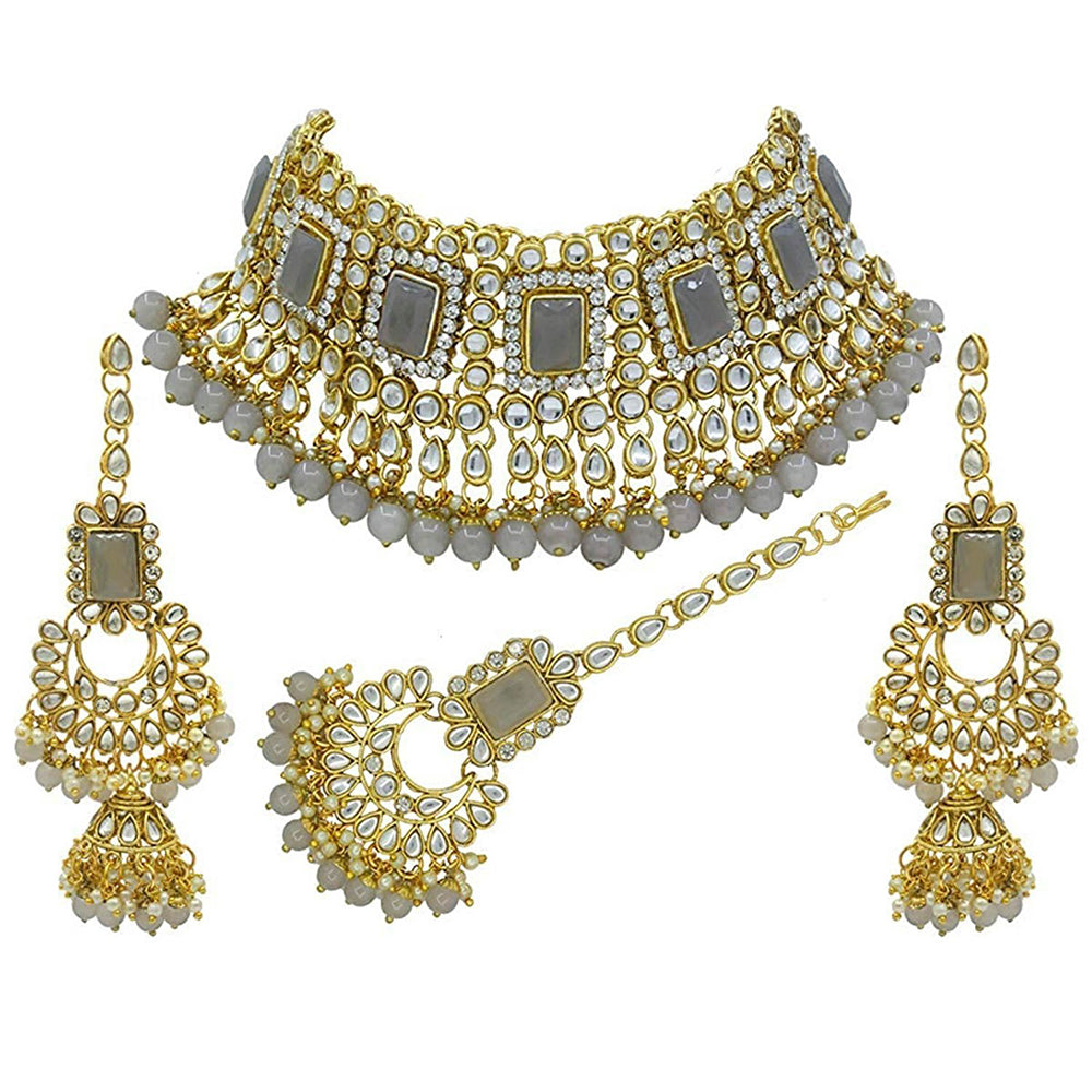 Etnico 18K Gold Plated Traditional Handcrafted Faux Kundan & Pearl Studded Bridal Choker Necklace Jewellery Set with Earrings & Maang Tikka (IJ401Gr)