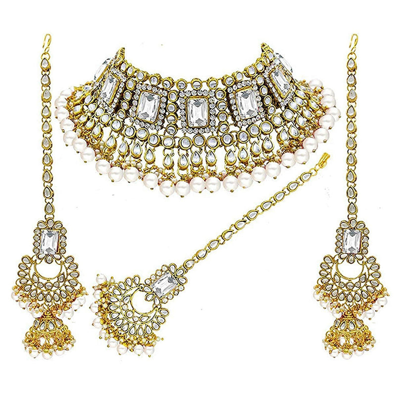 Etnico 18K Gold Plated Traditional Handcrafted Faux Kundan & Pearl Studded Bridal Necklace Set with Earrings & Maang Tikka (IJ401W)
