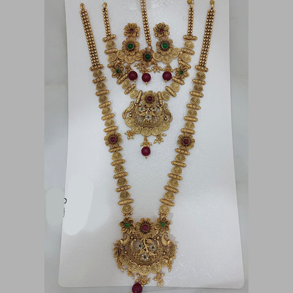Jai Mata Di Pink & Green Pota Stone Gold Plated Double Necklace Set