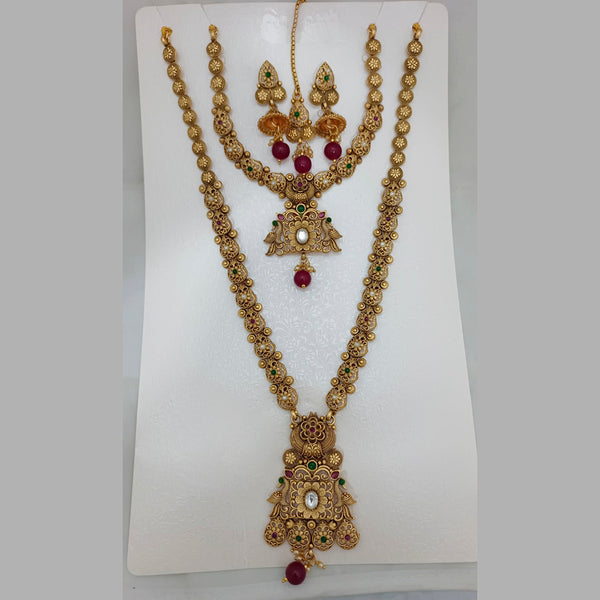 Jai Mata Di Pink & Green Pota Stone Gold Plated Double Necklace Set