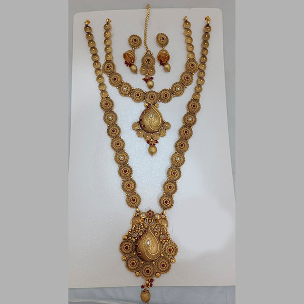 Jai Mata Di Pink  Pota Stone Gold Plated Double Necklace Set