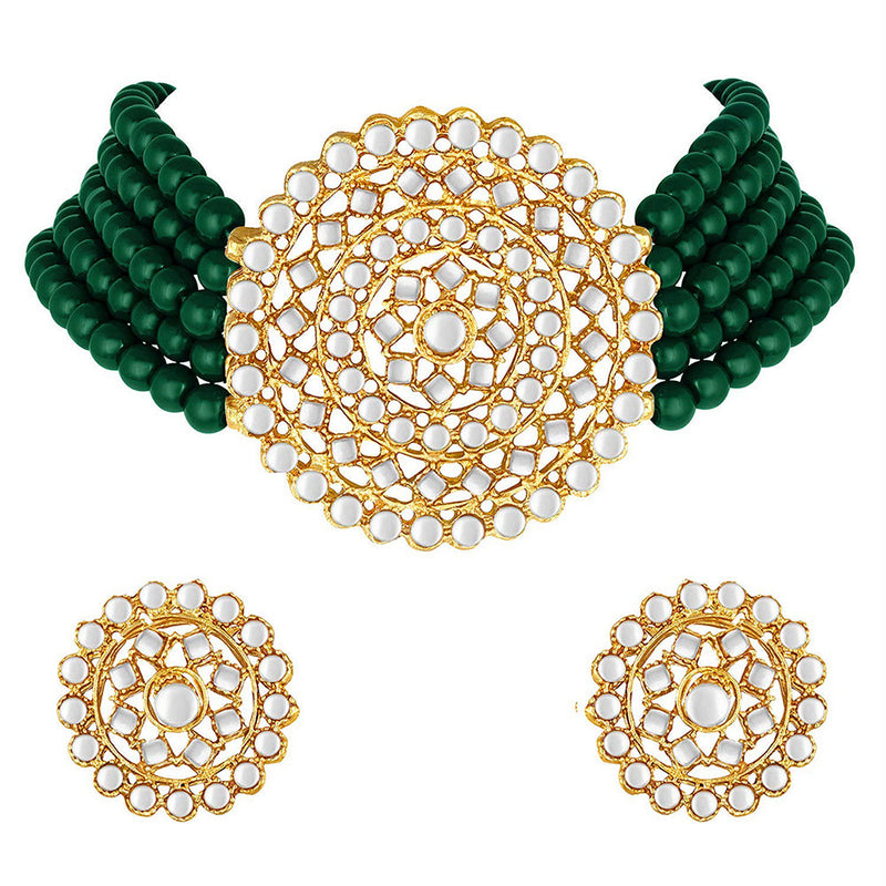 Etnico 18K Gold Plated Traditional Emerald Beaded Choker Set Glided with Kundan Work for Women/Girls (K239G)