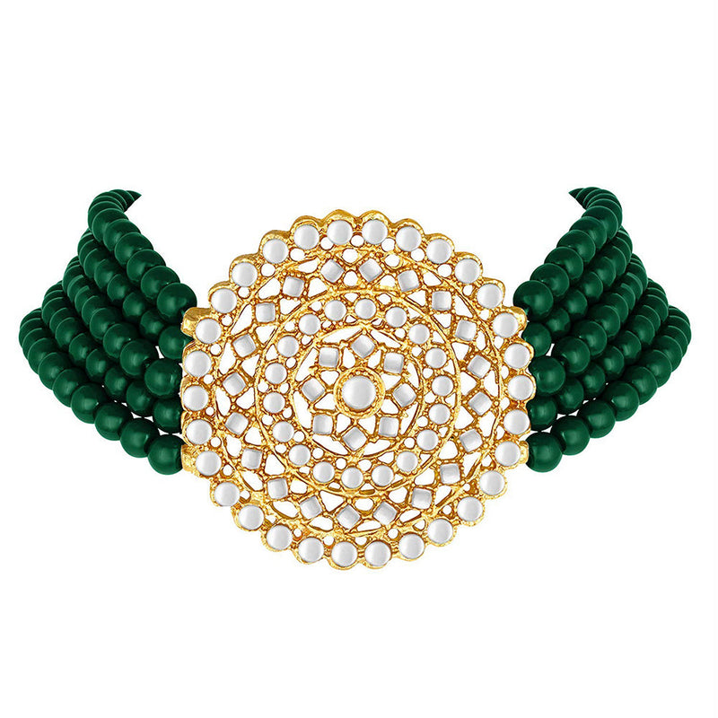 Etnico 18K Gold Plated Traditional Emerald Beaded Choker Set Glided with Kundan Work for Women/Girls (K239G)