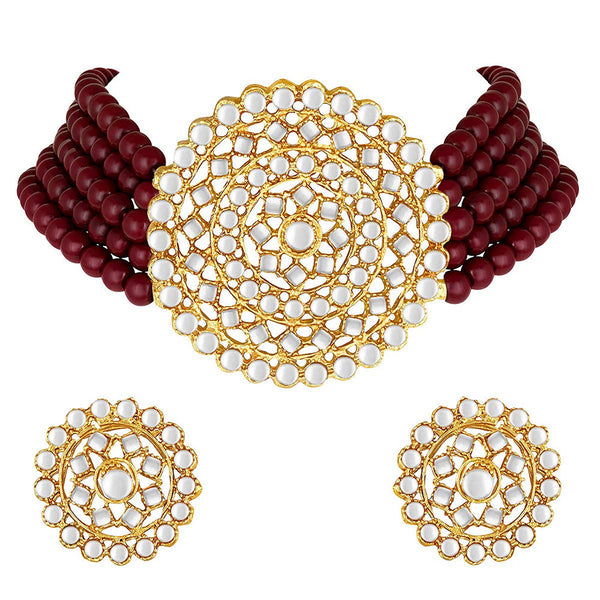 Etnico 18K Gold Plated Traditional Ruby Beaded Choker Set Glided with Kundan Work for Women/Girls (K239M)