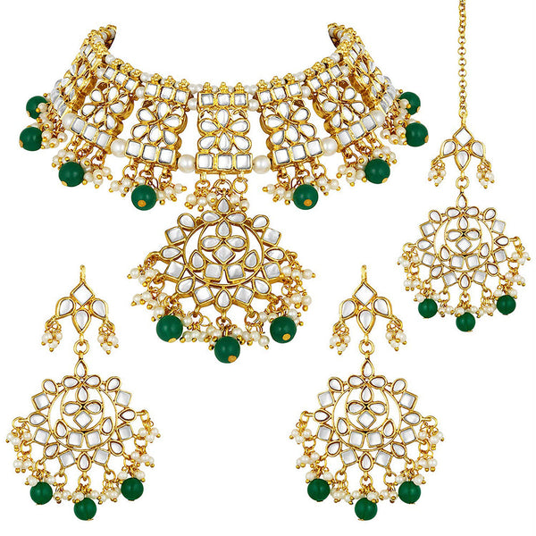 Etnico 18K Gold Plated Traditional Handcrafted Kundan & Pearl Studded Choker Necklace Jewellery Set With Earrings & Maang Tikka For Women (K7057G)