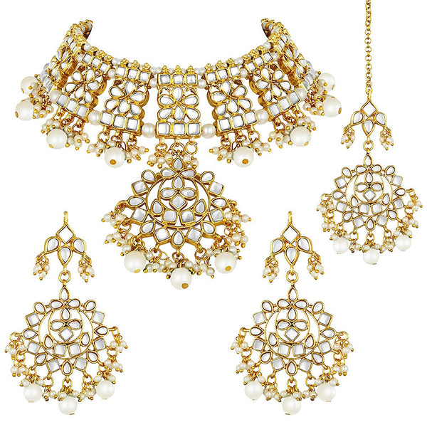 Etnico 18K Gold Plated Traditional Handcrafted Kundan & Pearl Studded Choker Necklace Jewellery Set With Earrings & Maang Tikka For Women (K7057W)