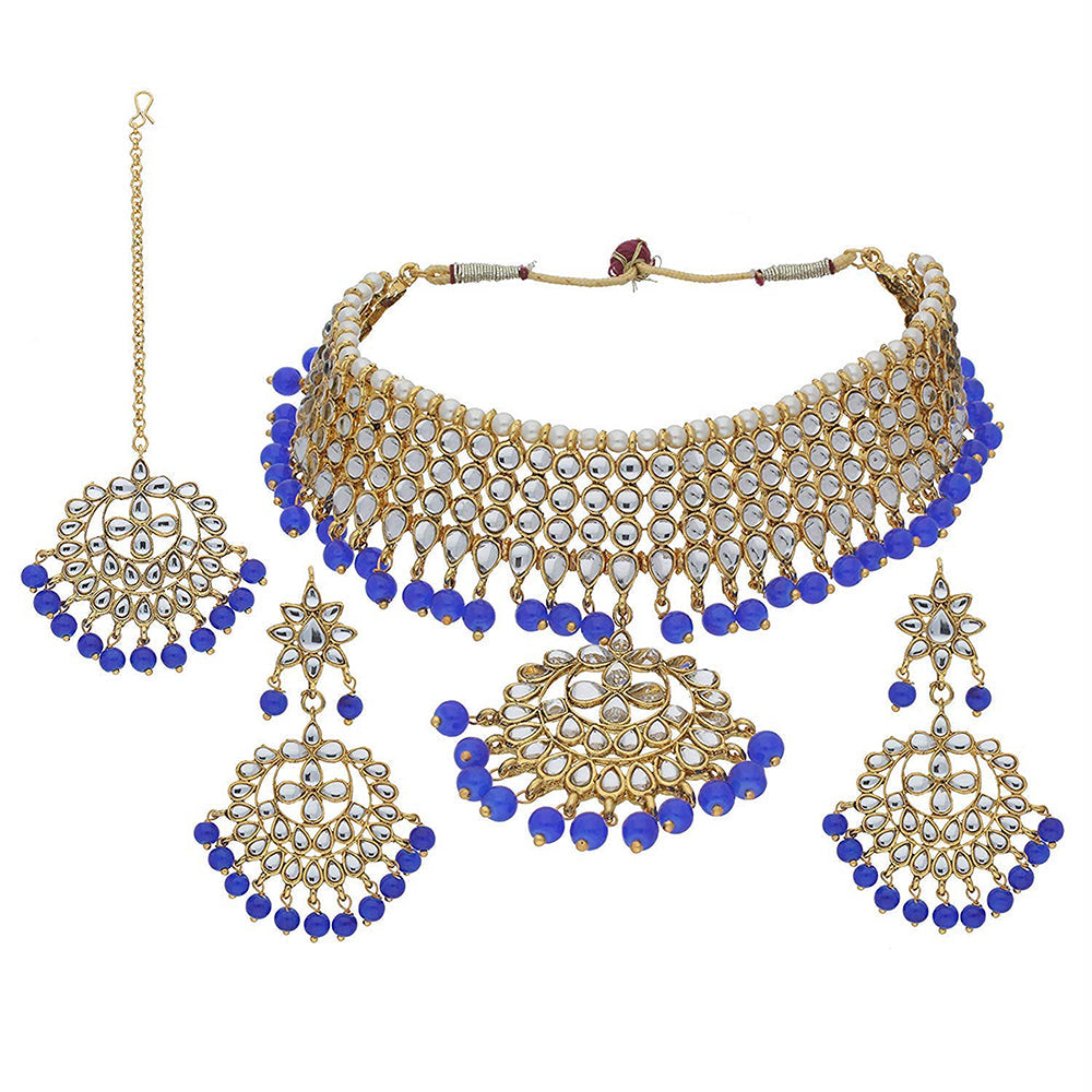 Etnico 18K Gold Plated Traditional Kundan & Pearl Studded Choker Necklace Jewellery Set with Earrings & Maang Tikka For Women (K7058Bl)