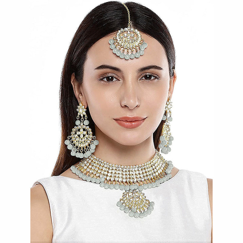 Etnico 18K Gold Plated Traditional Kundan & Pearl Studded Choker Necklace Jewellery Set with Earrings & Maang Tikka For Women (K7058) (Grey)