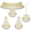 Etnico 18K Gold Plated Traditional Kundan & Pearl Studded Choker Necklace Jewellery Set with Earrings & Maang Tikka For Women (K7058) (Grey)