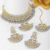 Etnico 18K Gold Plated Traditional Kundan & Pearl Studded Choker Necklace Jewellery Set with Earrings & Maang Tikka For Women (K7058) (Grey)