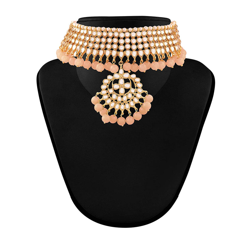 Etnico 18K Gold Plated Traditional Handcrafted Faux Kundan & Pearl Studded Choker Necklace Jewellery Set with Earrings & Maang Tikka (K7058Pe)