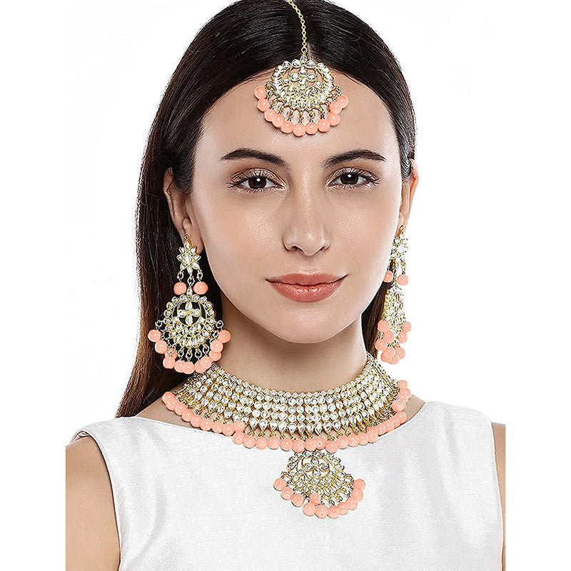 Etnico 18K Gold Plated Traditional Handcrafted Faux Kundan & Pearl Studded Choker Necklace Jewellery Set with Earrings & Maang Tikka (K7058Pe)
