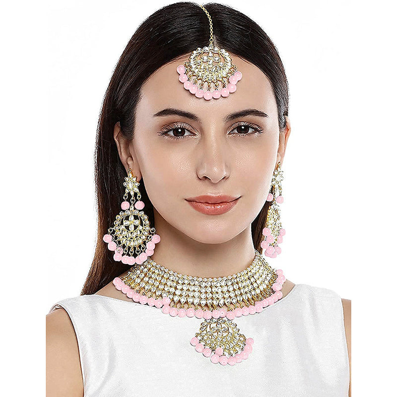 Etnico 18K Gold Plated Traditional Kundan & Pearl Studded Choker Necklace Jewellery Set with Earrings & Maang Tikka For Women (K7058Pi)