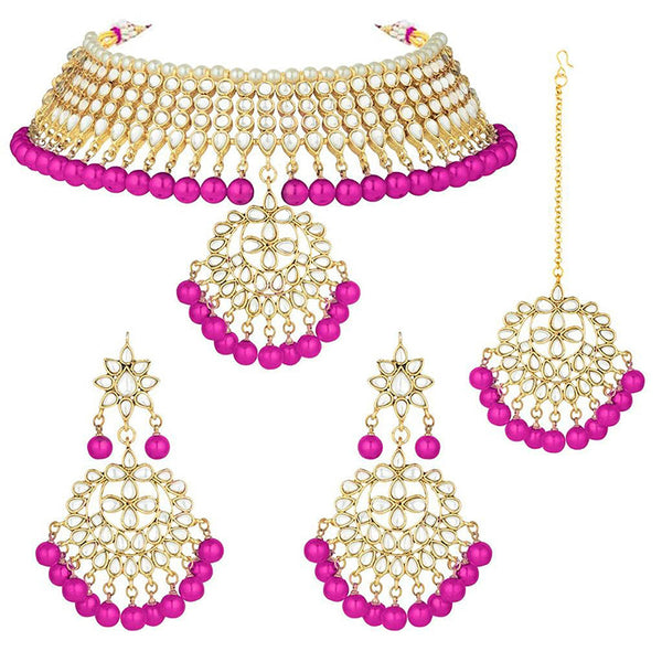 Etnico 18K Gold Plated Traditional Kundan & Pearl Studded Choker Necklace With Earrings and Maang Tikka Set (K7058Q)