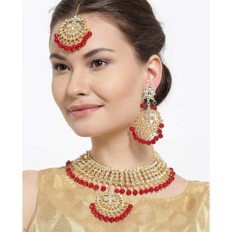 Etnico 18K Gold Plated Traditional Kundan & Pearl Studded Choker Necklace Jewellery Set with Earrings & Maang Tikka For Women (K7058R)