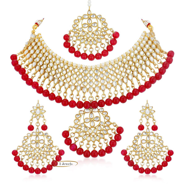 Etnico 18K Gold Plated Traditional Kundan & Pearl Studded Choker Necklace Jewellery Set with Earrings & Maang Tikka For Women (K7058R)