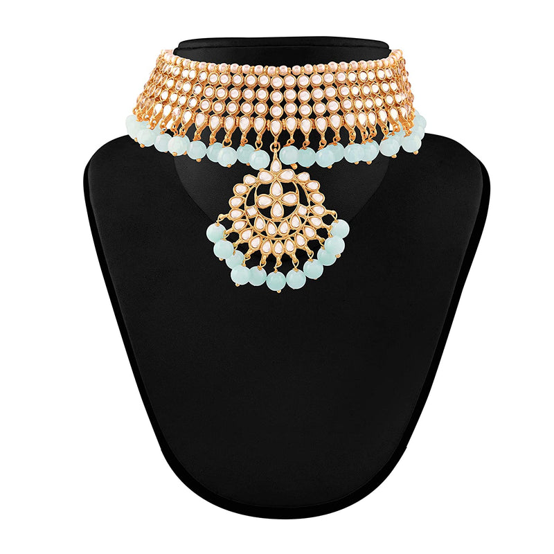 Etnico 18K Gold Plated Traditional Kundan & Pearl Studded Choker Necklace Jewellery Set with Earrings & Maang Tikka For Women (K7058SB)