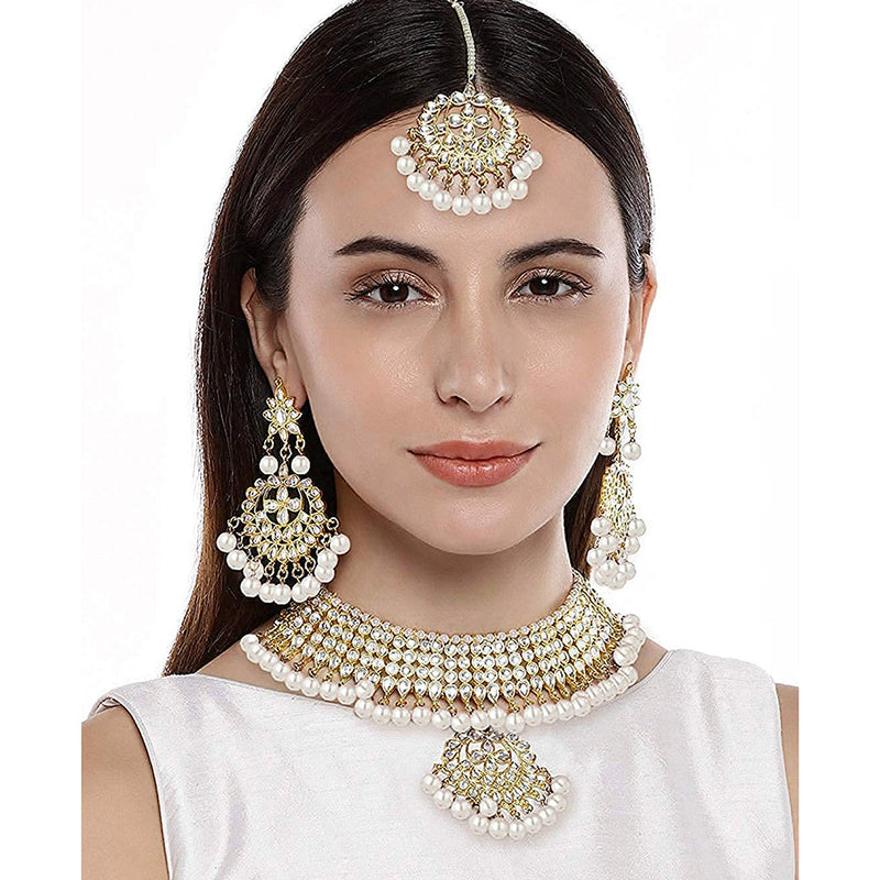Etnico 18K Gold Plated Traditional Kundan & Pearl Studded Choker Necklace Jewellery Set with Earrings & Maang Tikka For Women (K7058W)