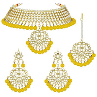 Etnico 18K Gold Plated Traditional Kundan & Pearl Studded Choker Necklace With Earrings and Maang Tikka Set (K7058Y)