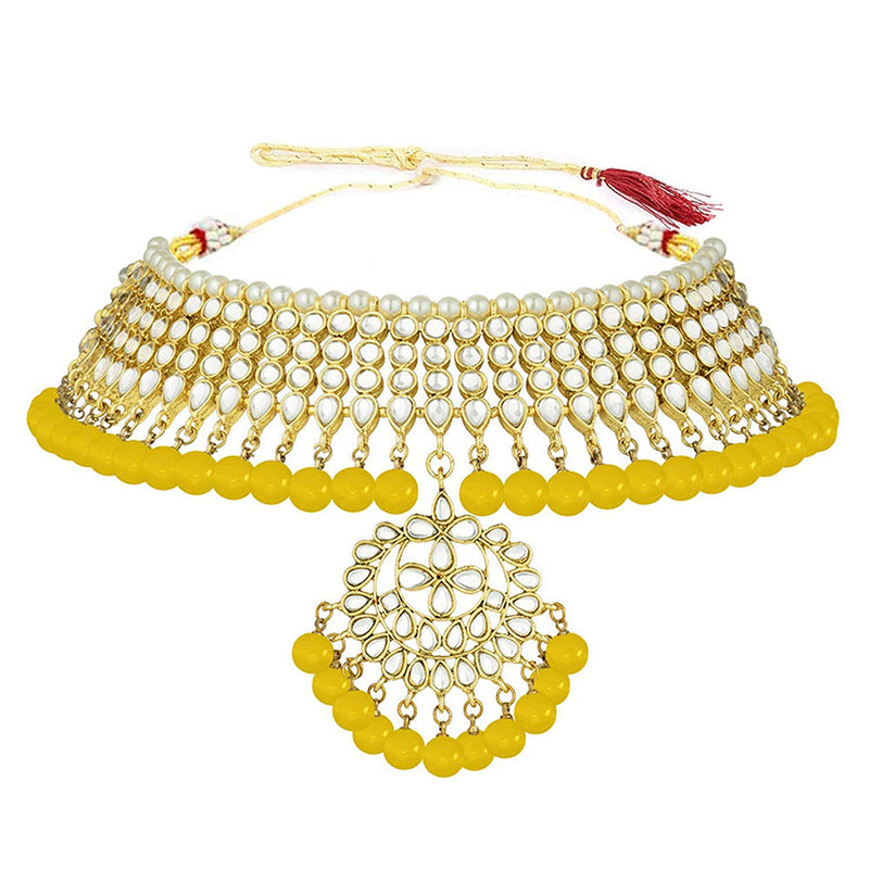 Etnico 18K Gold Plated Traditional Kundan & Pearl Studded Choker Necklace With Earrings and Maang Tikka Set (K7058Y)