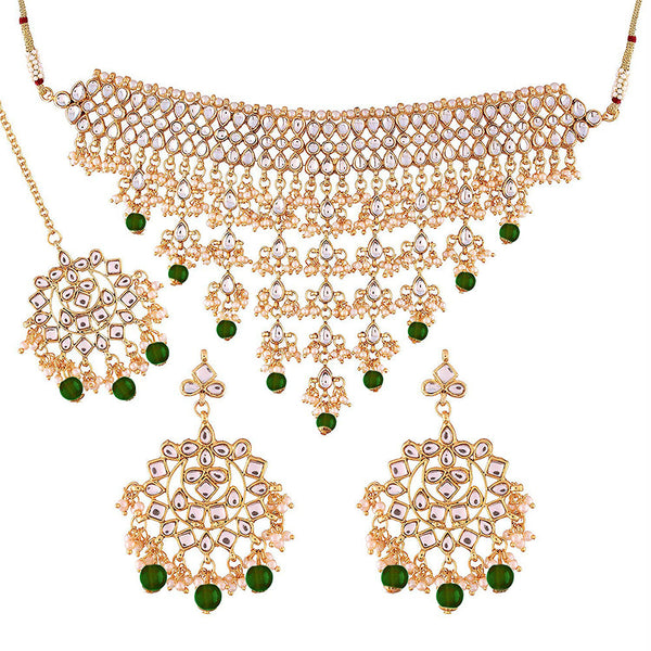 Etnico 18K Gold Plated Traditional Kundan & Pearl Studded Choker Necklace Jewellery Set with Earrings & Maang Tikka For Women (K7064G)
