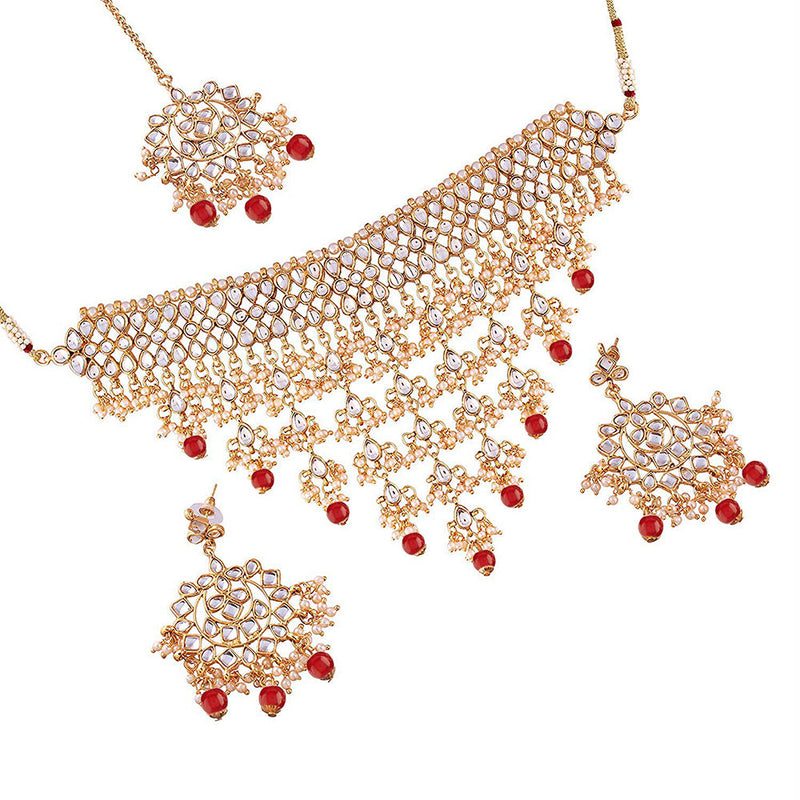 Etnico 18K Gold Plated Traditional Kundan & Pearl Studded Choker Necklace Jewellery Set with Earrings & Maang Tikka For Women (K7064R)