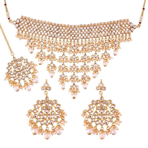 Etnico 18K Gold Plated Traditional Kundan & Pearl Studded Choker Necklace Jewellery Set with Earrings & Maang Tikka For Women (K7064W)