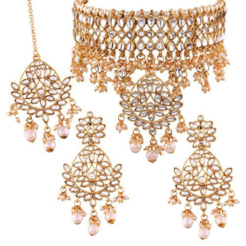 Etnico 18K Gold Plated Traditional Kundan & Pearl Studded Choker Necklace Set with Earrings & Maang Tikka For Women (K7068W)
