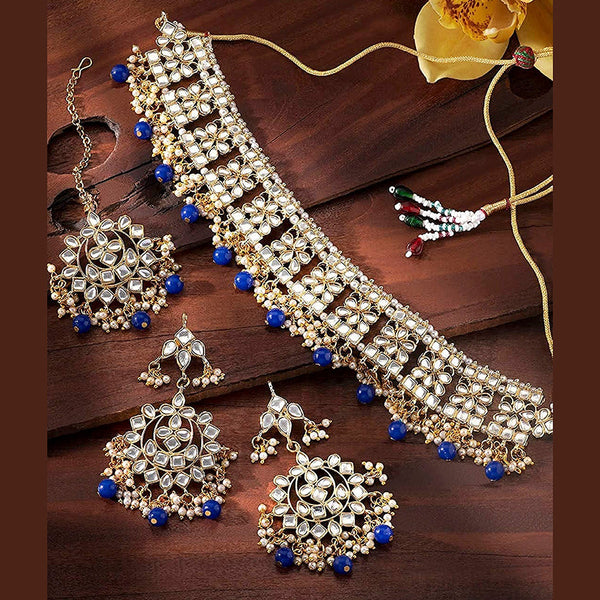 Etnico Gold Plated Traditional Kundan & Pearl Studded Choker Necklace Jewellery Set with Earrings & Maang Tikka For Women (K7069Bl)