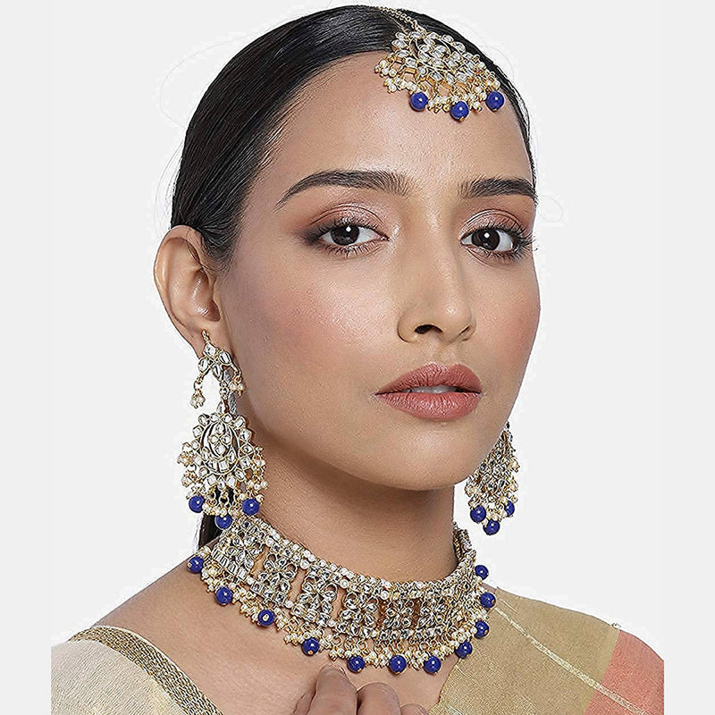 Etnico Gold Plated Traditional Kundan & Pearl Studded Choker Necklace Jewellery Set with Earrings & Maang Tikka For Women (K7069Bl)