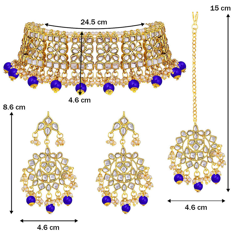 Etnico Gold Plated Traditional Kundan & Pearl Studded Choker Necklace Jewellery Set with Earrings & Maang Tikka For Women (K7069Bl)