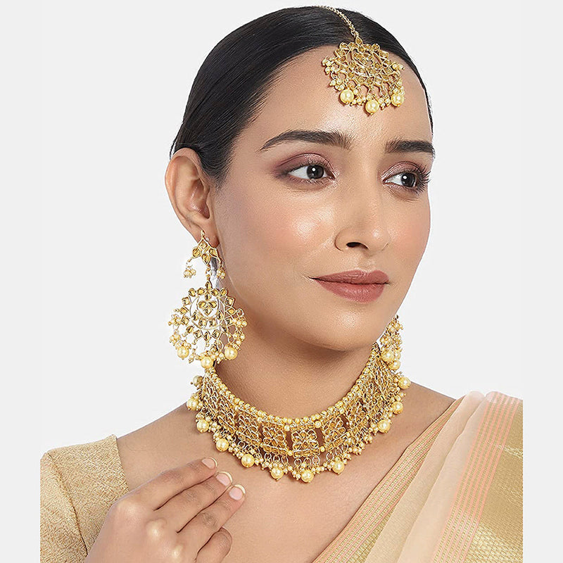 Etnico Gold Plated Traditional Kundan & Pearl Studded Choker Necklace Jewellery Set with Earrings & Maang Tikka For Women (K7069FL)