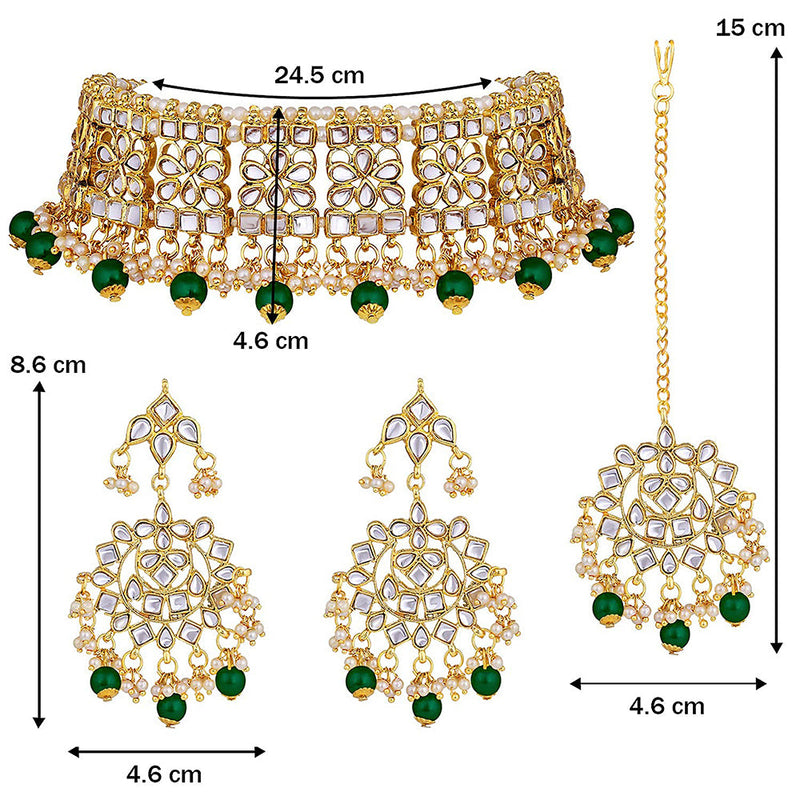 Etnico Gold Plated Traditional Kundan & Pearl Studded Choker Jewellery Necklace Set with Earrings & Maang Tikka For Women (K7069G)