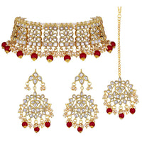 Etnico Gold Plated Traditional Kundan & Pearl Studded Choker NecklaceJewellery Set with Earrings & Maang Tikka For Women (K7069M-1)