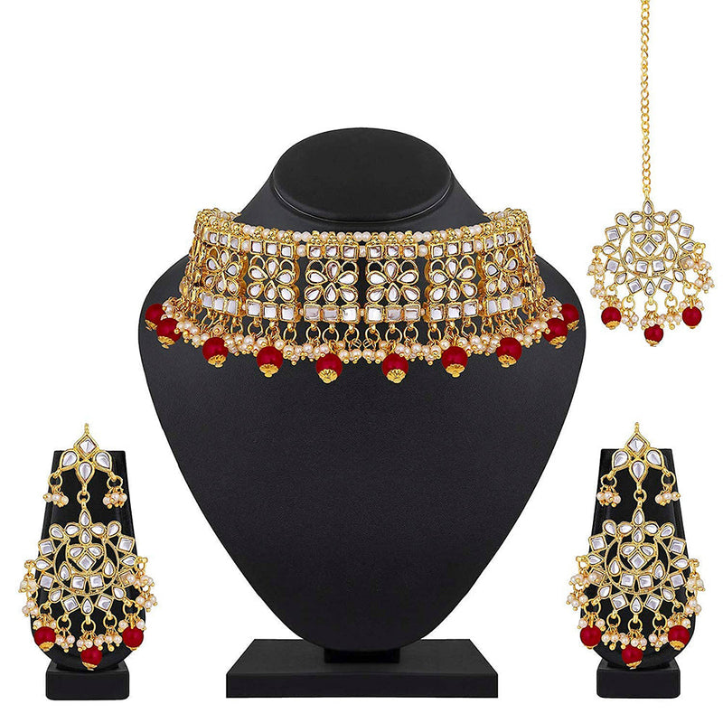 Etnico Gold Plated Traditional Kundan & Pearl Studded Choker NecklaceJewellery Set with Earrings & Maang Tikka For Women (K7069M-1)