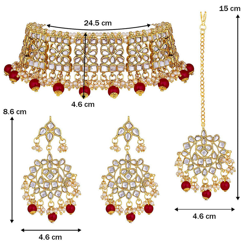 Etnico Gold Plated Traditional Kundan & Pearl Studded Choker NecklaceJewellery Set with Earrings & Maang Tikka For Women (K7069M-1)