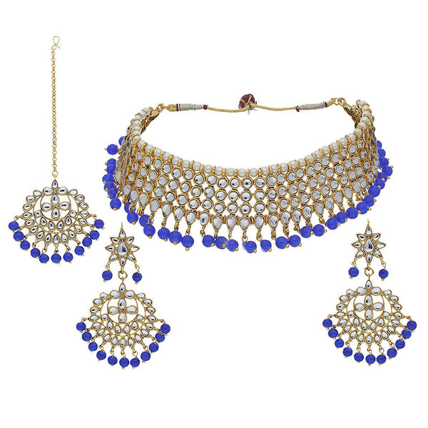 Etnico 18K Gold Plated Traditional Handcrafted Kundan & Pearl Studded Choker Necklace Jewellery Set with Earrings & Maang Tikka (K7075Bl)