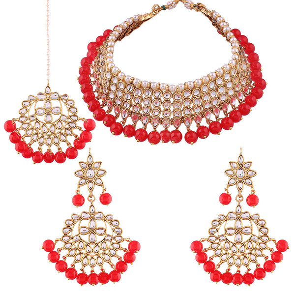 Etnico 18K Gold Plated Traditional Handcrafted Kundan & Pearl Studded Choker Necklace Jewellery Set with Earrings & Maang Tikka (K7075R)