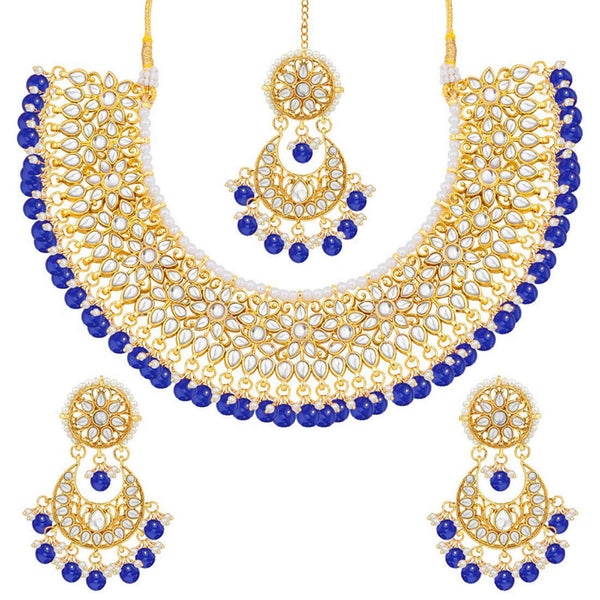 Etnico 18K Gold Plated Traditional Handcrafted Faux Kundan & Pearl Studded Bridal Choker Necklace Jewellery Set with Earrings & Maang Tikka (K7076Bl)