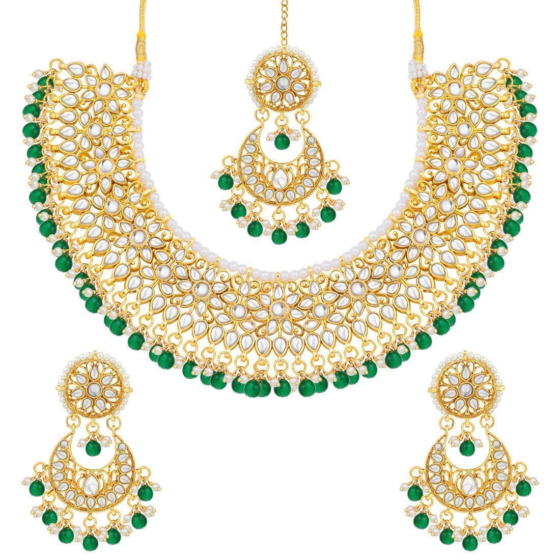 Etnico 18K Gold Plated Traditional Handcrafted Faux Kundan & Pearl Studded Bridal Choker Necklace Jewellery Set with Earrings & Maang Tikka (K7076G)