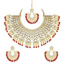 Etnico 18K Gold Plated Traditional Handcrafted Faux Kundan & Pearl Studded Bridal Choker Necklace Jewellery Set with Earrings & Maang Tikka (K7077M)