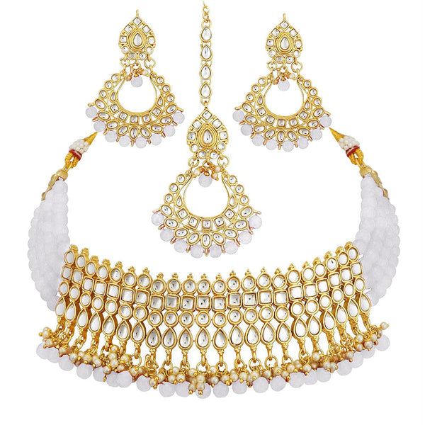 Etnico 18K Gold-Plated Studded Kundan & Pearl Studded Choker Necklace Jewellery Set for Women Kundan & Girls (K7083W)