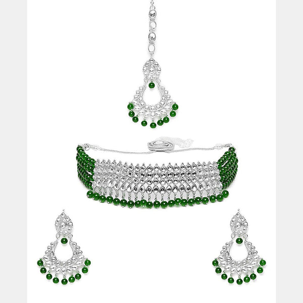 Etnico 18k Rhodium Plated Ethnic Indian Traditional Kundan & Pearl Choker Necklace Jewellery Set for Women (K7083ZG)