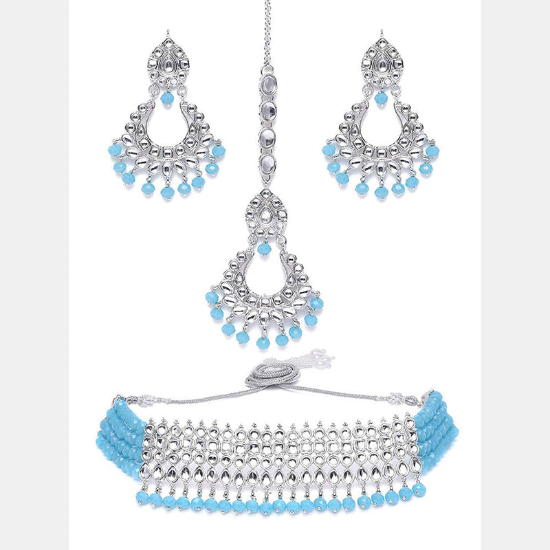 Etnico 18k Rhodium Plated Ethnic Indian Traditional Kundan & Pearl Choker Necklace Jewellery Set for Women (K7083ZSB)
