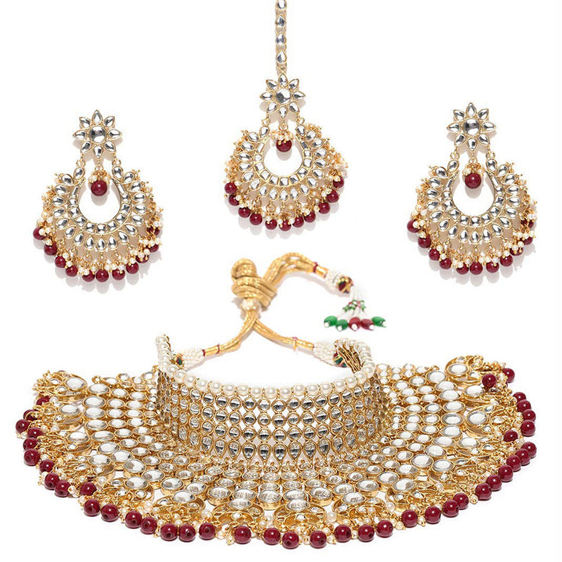 Etnico 18K Gold Plated Traditional Kundan & Pearl Studded Bridal Choker Necklace Jewellery Set for Women (K7085)