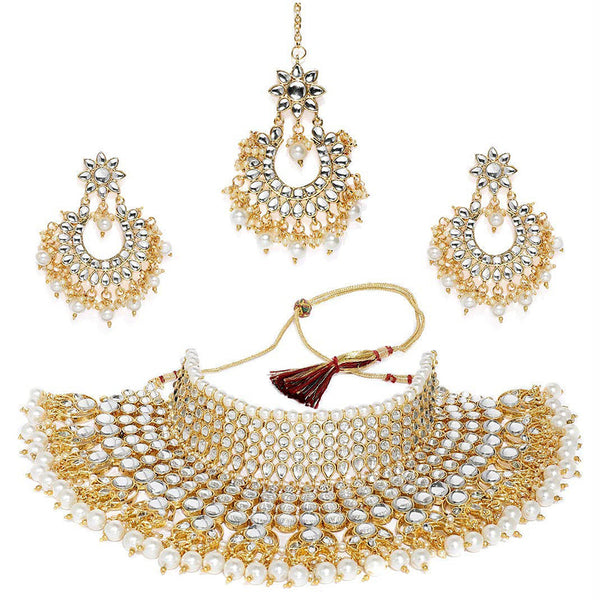 Etnico 18K Gold Plated Traditional Kundan & Pearl Studded Bridal Choker Necklace Jewellery Set for Women (K7085W)