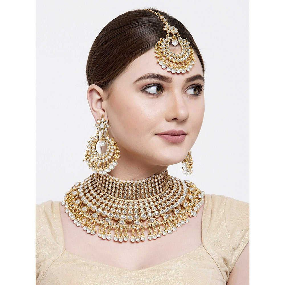 Etnico 18K Gold Plated Traditional Kundan & Pearl Studded Bridal Choker Necklace Jewellery Set for Women (K7085W)